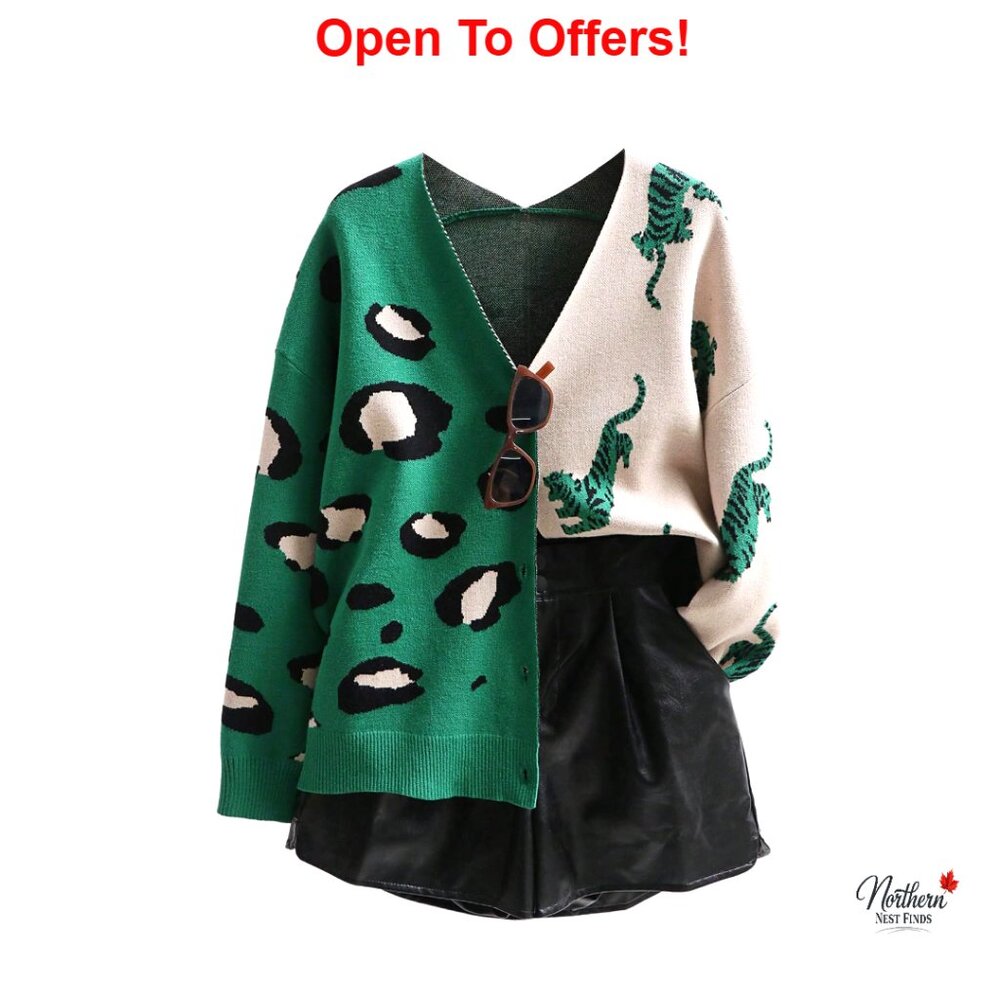 Loose Fit V-Neck Cardigan, Chunky Knit, Long Sleeve, Open Front